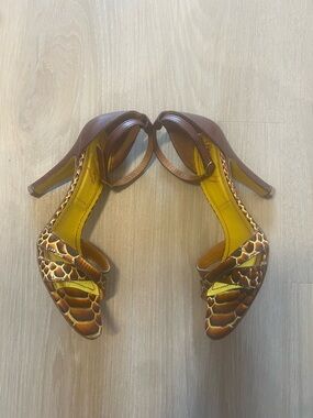 Miss Sixty vintage Y2K strappy leather snake-print sandals yellow/ brown Sz 37